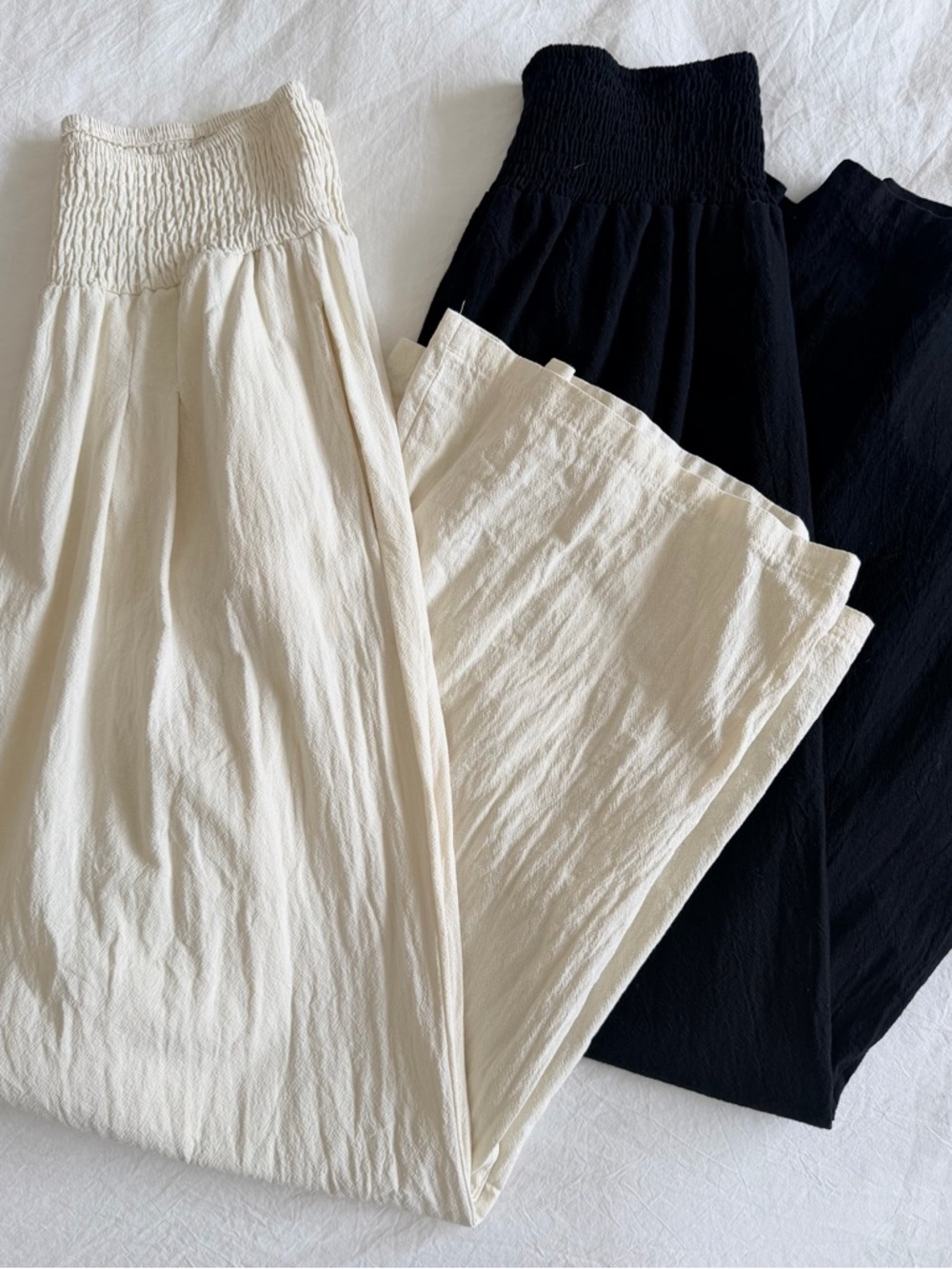 Two Pairs of Wide Leg Smocked Waist Pants - Black & Cream